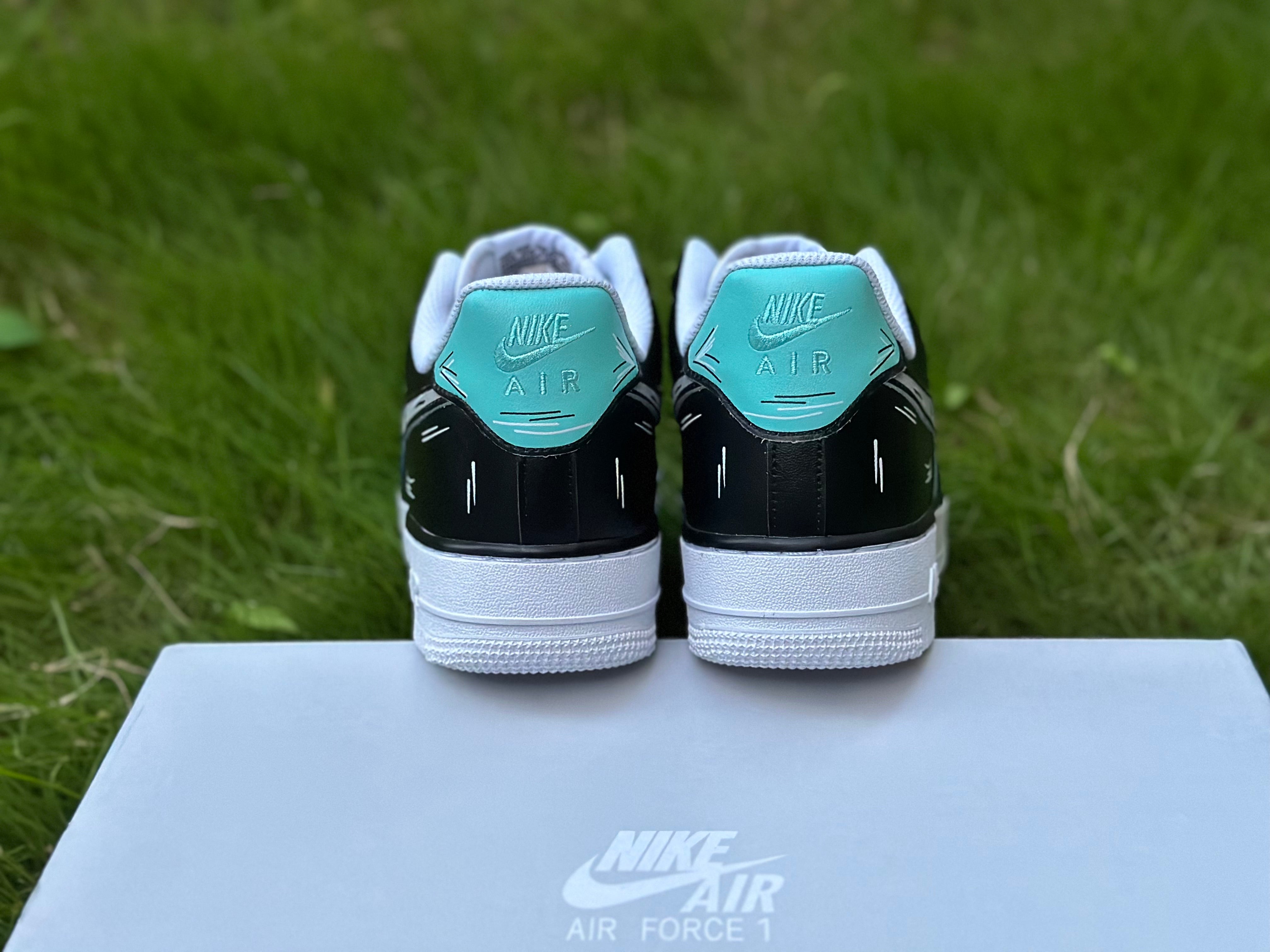 Custom Air Force 1 Teal Blue Black Cartoon Lines