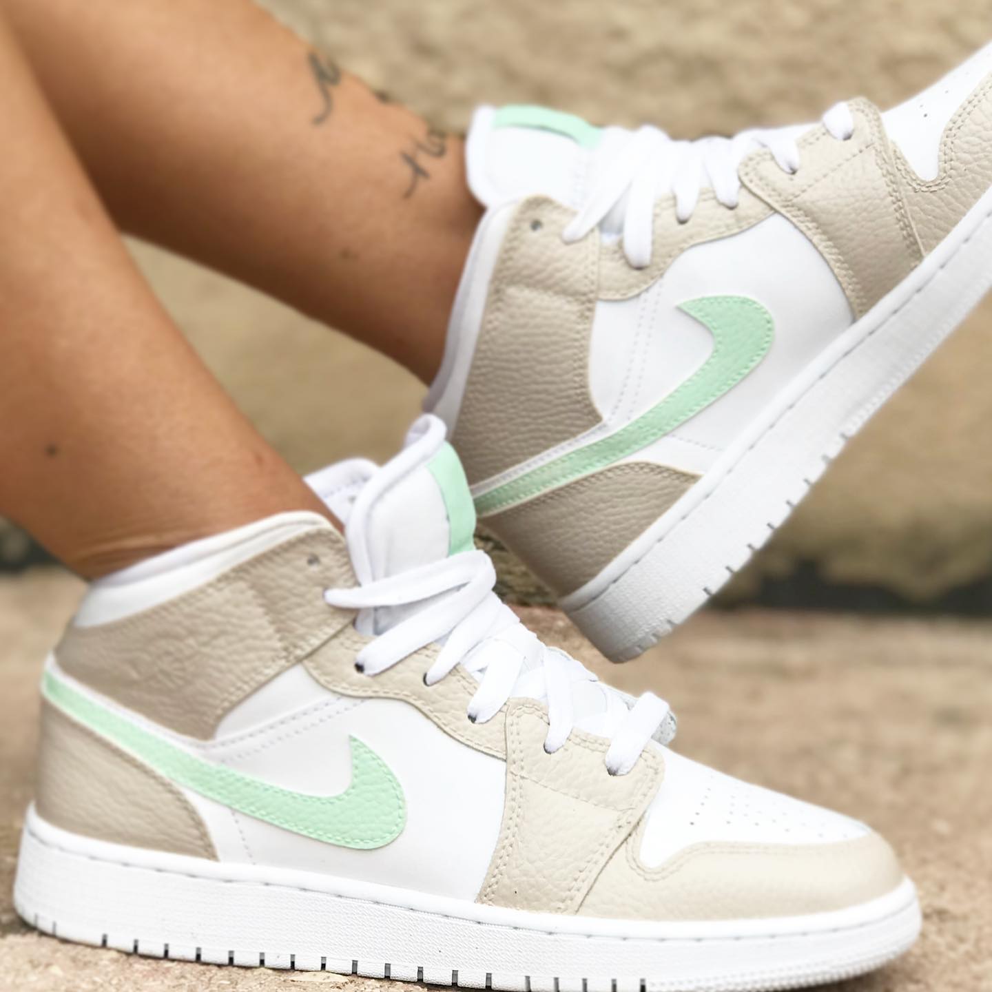 Beige Green Custom Sneakers Nike Air Jordan 1