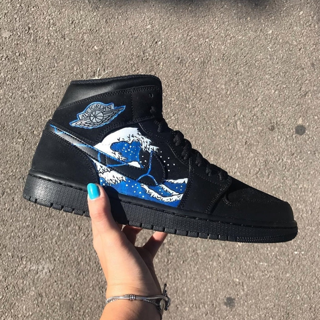 Black Blue Wave Custom Sneakers Air Jordan 1