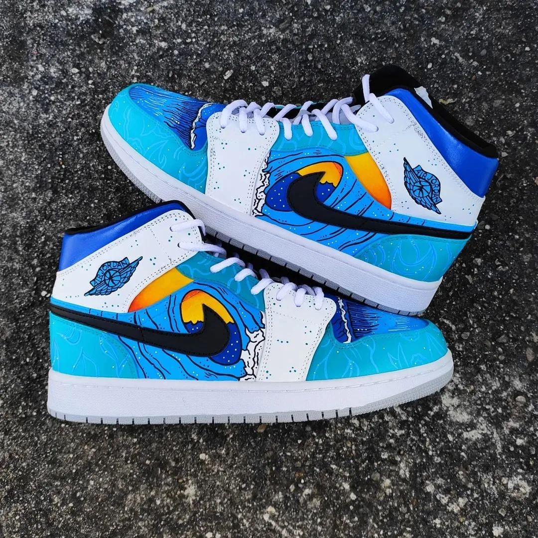 Blue Cartoon Wave Custom Sneakers Air Jordan 1