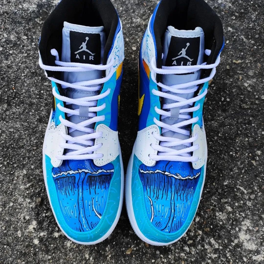 Blue Cartoon Wave Custom Sneakers Air Jordan 1