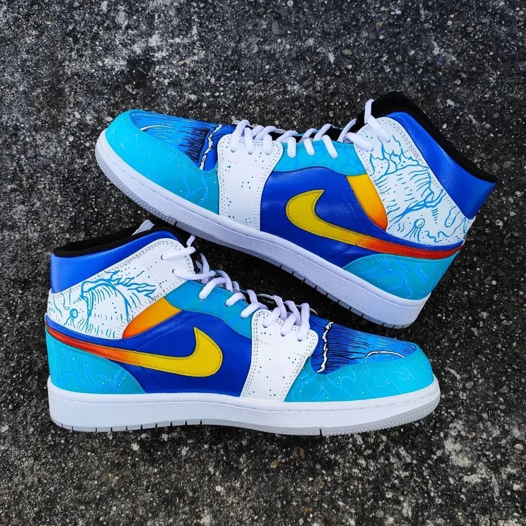 Blue Cartoon Wave Custom Sneakers Air Jordan 1