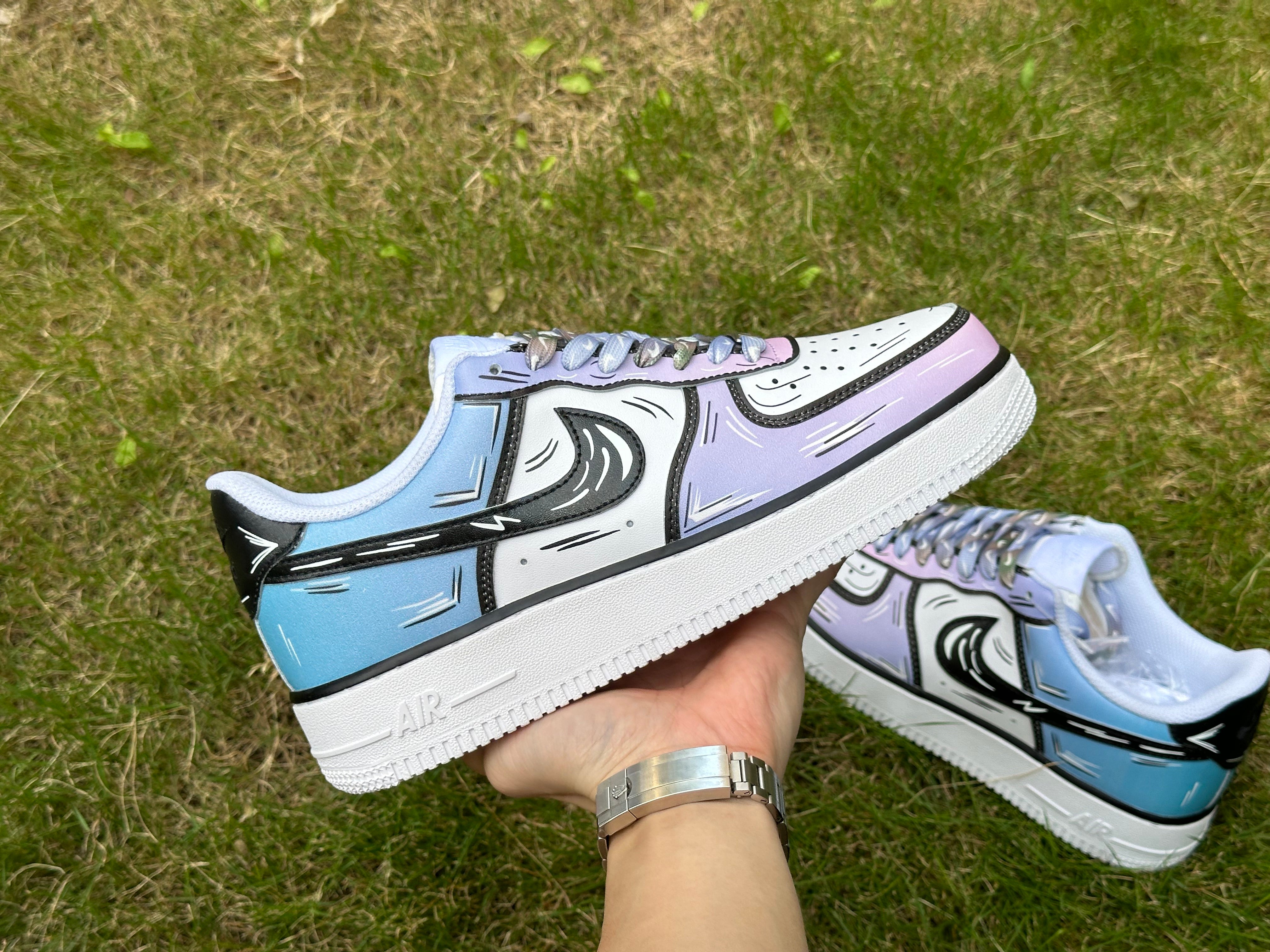 Custom Air Force 1 Blue Purple Gradient Cartoon Lines