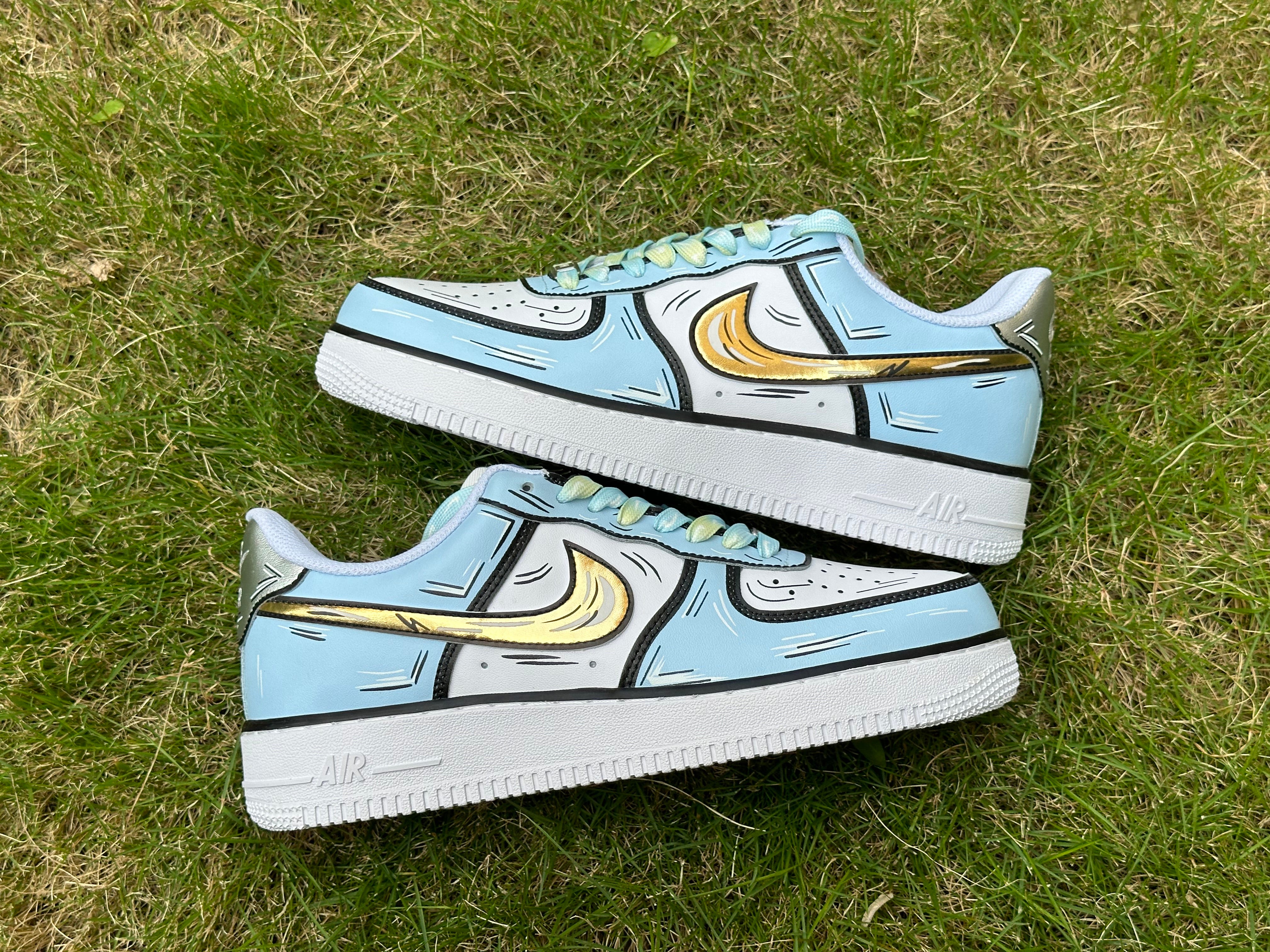 Custom Air Force 1 Blue Gold Cartoon Lines