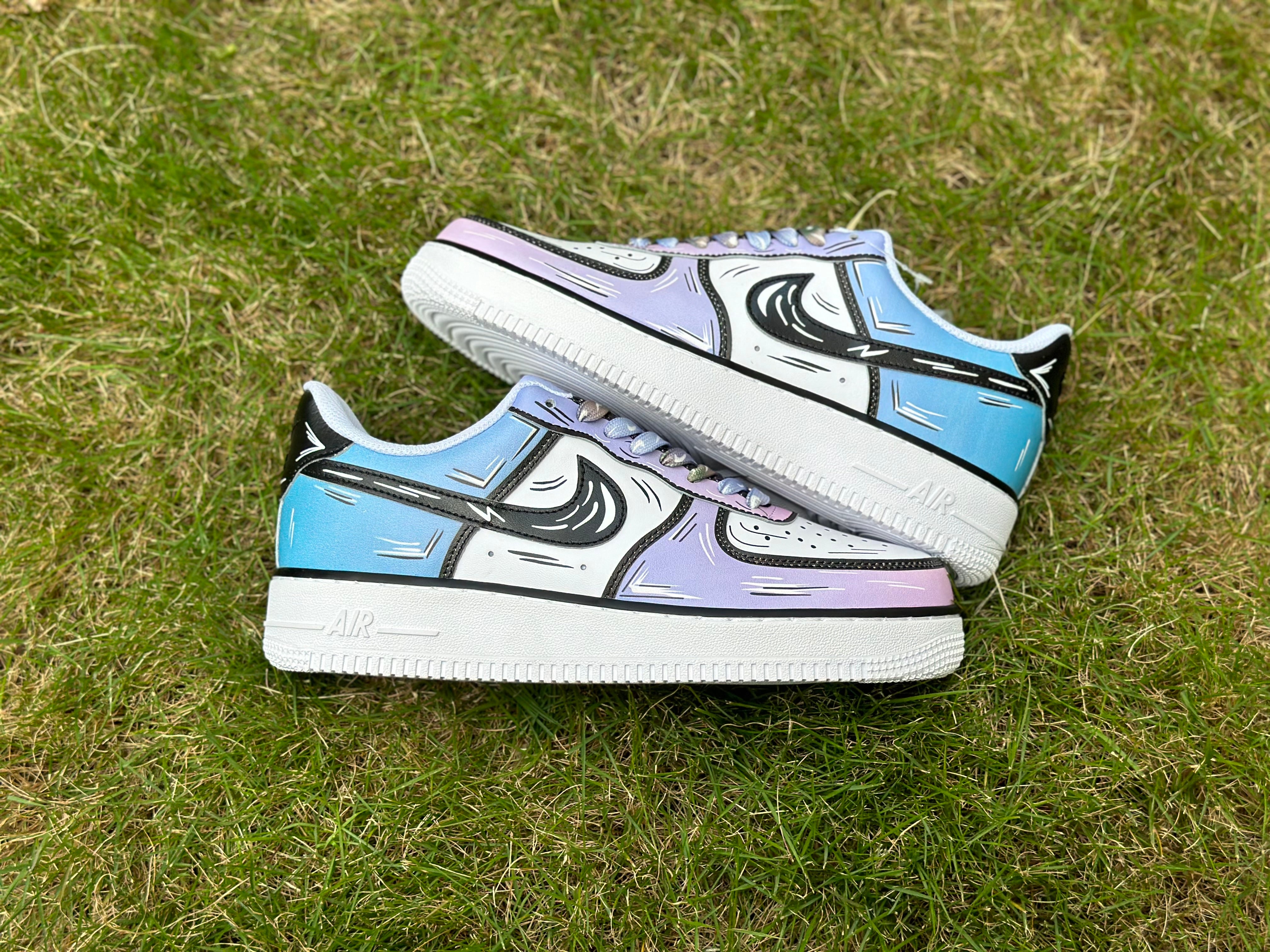 Custom Air Force 1 Blue Purple Gradient Cartoon Lines