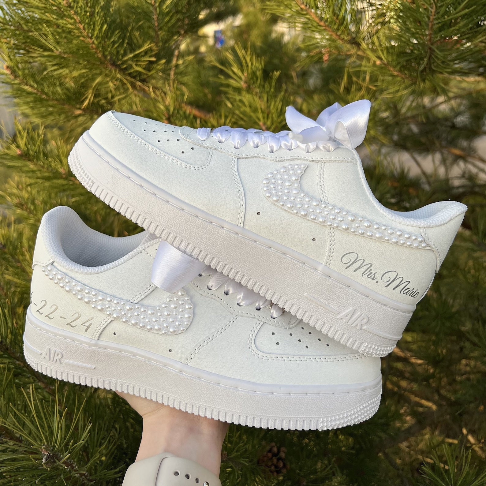 Pearl Ribbon Bridal Wedding Shoes Custom Sneakers Air Force 1