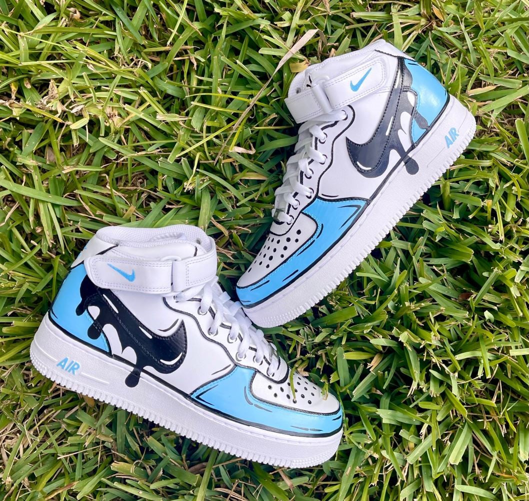 Cartoon Blue Black Drip  Custom Sneakers Air Force 1 Mid