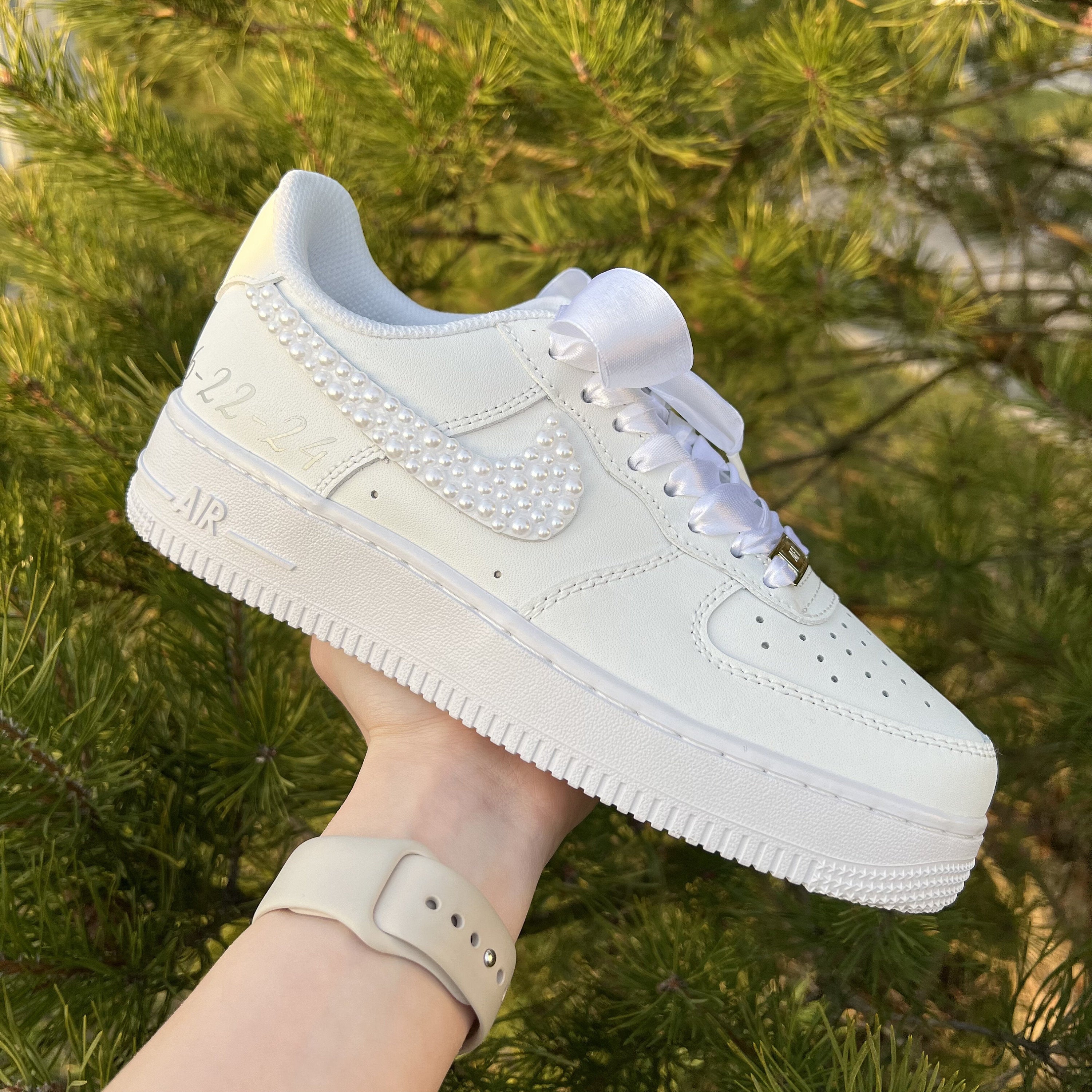 Pearl Ribbon Bridal Wedding Shoes Custom Sneakers Air Force 1