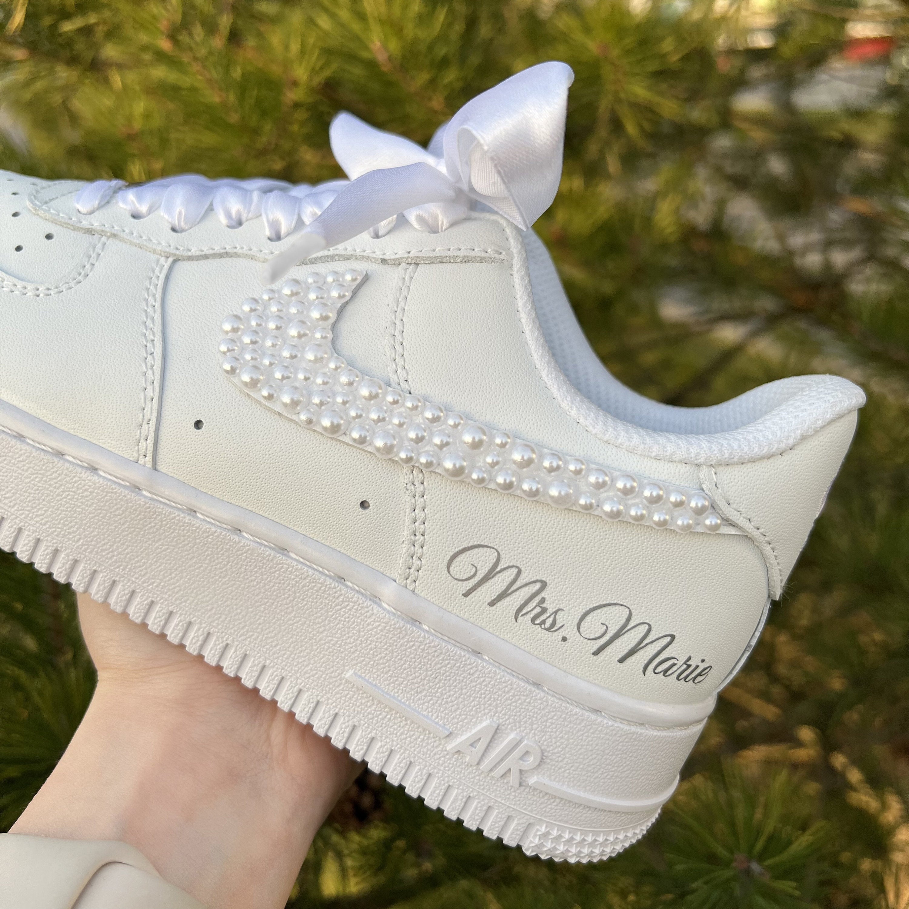 Pearl Ribbon Bridal Wedding Shoes Custom Sneakers Air Force 1