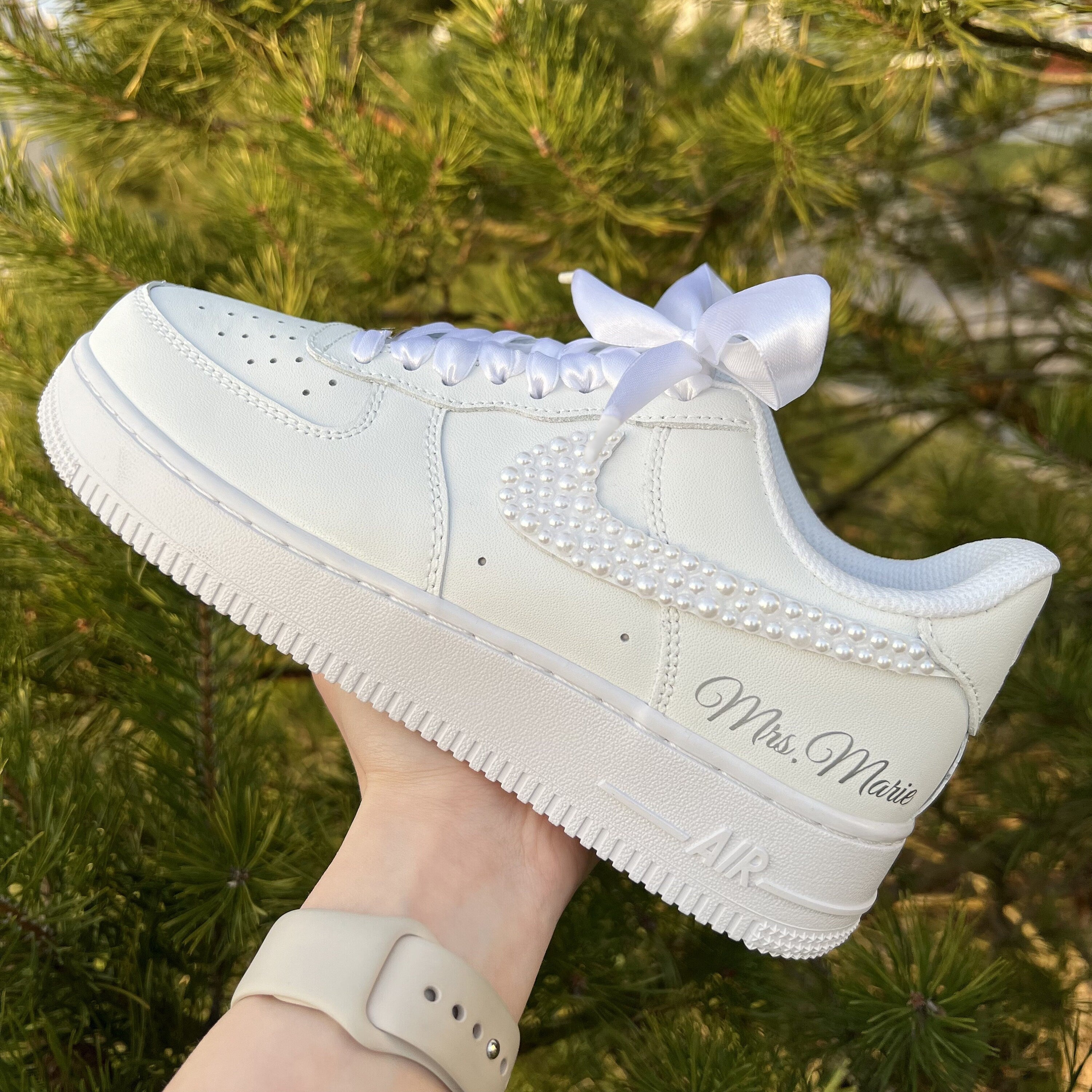 Pearl Ribbon Bridal Wedding Shoes Custom Sneakers Air Force 1