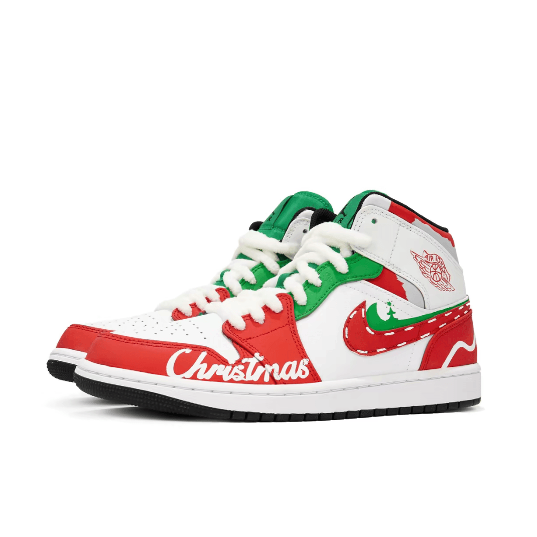 Christmas Gift Xmas Custom Air Jordan 1 Red Green White Plush Shoelaces High