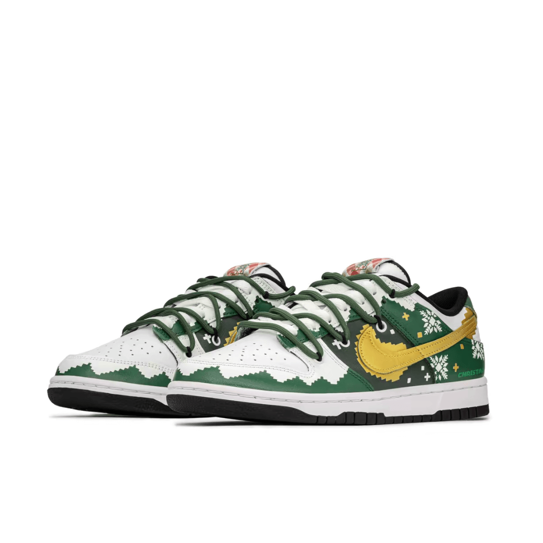 Christmas Gift Xmas Custom Dunk Green White Gold Swoosh Snowflake Print