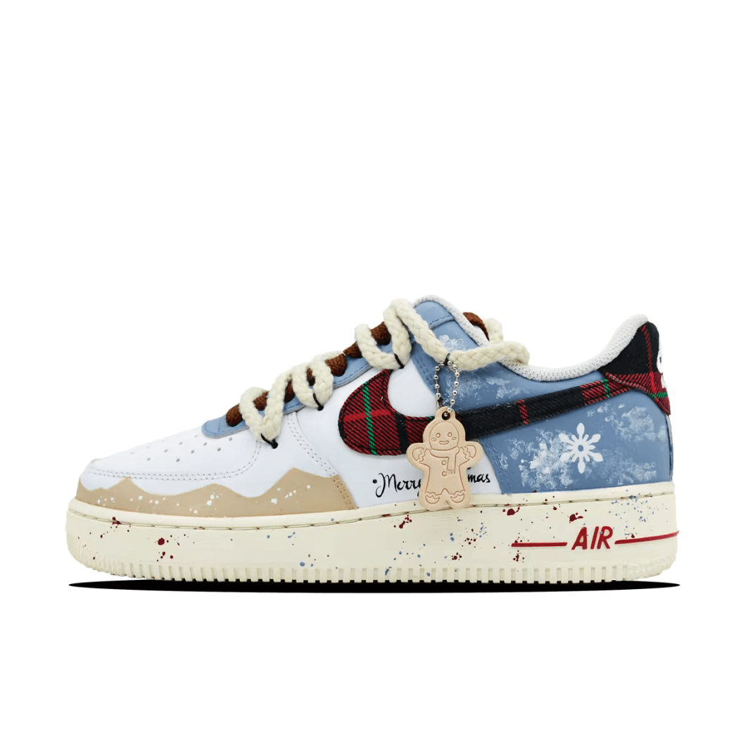 Christmas Gift Xmas Custom Air Force 1 White Blue Red plaid Swoosh Snowflake Print