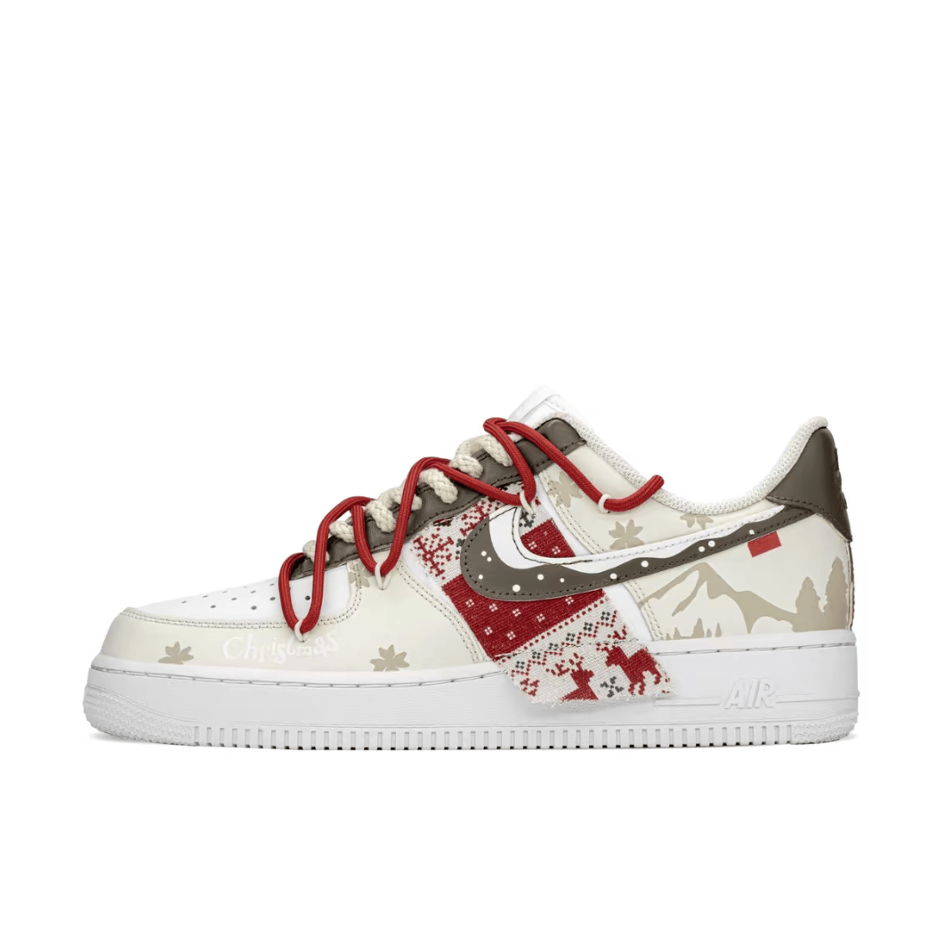 Christmas Gift Xmas Custom Air Force 1 White Khaki Red Snowflake And Elk